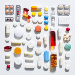 Clear presentation of various medicines neatly arranged on a clean white background