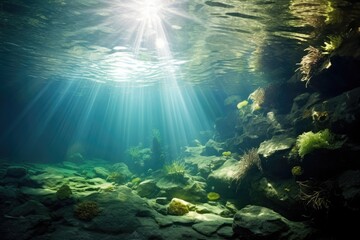 Fototapeta na wymiar Captivating photo of the sun shining through the crystal-clear water in a mesmerizing cave, Underwater sunlight through the water surface seen from a rocky seabed with algae, AI Generated