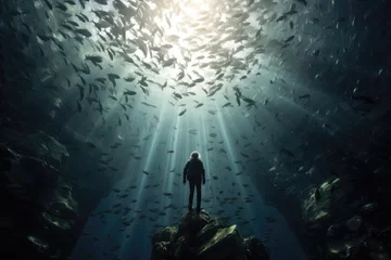 Fotobehang Witness the captivating sight of a man standing amidst a school of fish in a mesmerizing underwater tunnel, Underwater, divers, shoals of fish, 8k Ultra HD, AI Generated © Iftikhar alam