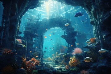 Fototapeta na wymiar Experience the mesmerizing sight of an expansive aquarium brimming with a diverse array of fish, Underwater world depicted in a fantasy illustration, 3D rendering, AI Generated