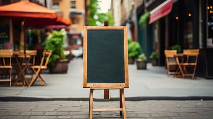 Empty sandwich board with a chalk drawing of a chef and a menu on a sidewalk in front of a...