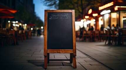 Empty sandwich board with a chalk drawing of a chef and a menu on a sidewalk in front of a restaurant