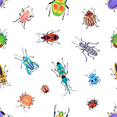 Beetles, seamless pattern design. Insects, repeating print. Summer bugs, endless background for fabric, textile, wrapping. Nature, repeatable texture for wallpaper, decor. Flat vector illustration
