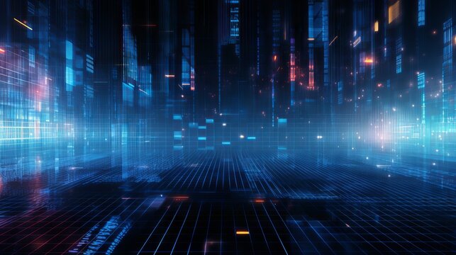 Matrix of glowing dots and lines. Futuristic technology concept. Digital grid. Abstract background with matrix of digital data