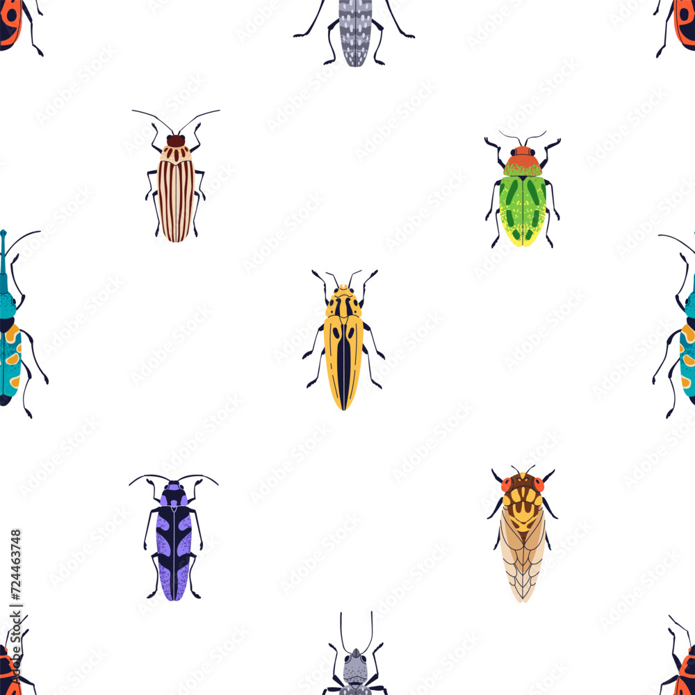 Poster insects, seamless nature pattern. beetles and bugs, endless fauna background design for textile, fab