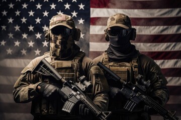 Naklejka premium Two soldiers proudly standing together in front of a vibrant American flag, US Army soldiers with weapons and the United States flag in the background, face covered with a mask, AI Generated