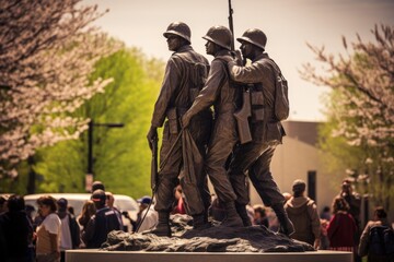 A diverse group of individuals standing admiringly in front of a statue, Veterans and soldiers on...