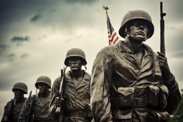 A group of soldiers standing next to each other in a formation, showcasing their unity and preparedness for any situation, Veterans and soldiers on Veterans Memorial Day, AI Generated - obrazy, fototapety, plakaty