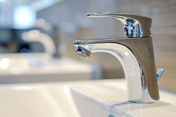 Closeup Of Sleek Chrome Bathroom Faucet For Home Remodeling And Plumbing