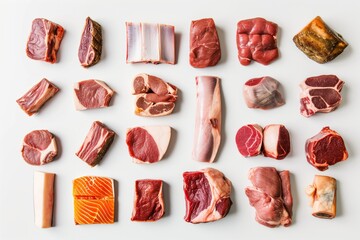 Collection Of Various Uncooked Meat, Separated By White Lines On White Background - obrazy, fototapety, plakaty