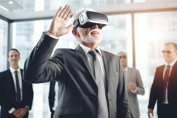 Fototapeta premium A professional man in a suit and tie immersed in augmented reality using a virtual headset, Vr experience senior business manager man attend meeting wearing vr, AI Generated