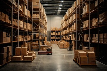 An immense storage facility filled to the brim with a multitude of boxes, creating a dizzying visual spectacle, Warehouse with rows of shelves and wooden boxes, AI Generated
