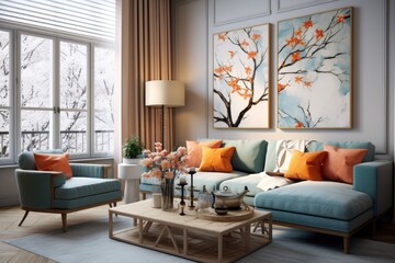 A cozy, well-decorated living room showcasing a variety of furniture pieces and an impressive painting adorning the wall, Warm and Cozy Composition of spring living room interior, AI Generated