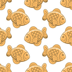 Pattern of Japanese dessert Taiyaki. Food dessert filled with sweet azuki beans paste. Cartoon vector illustration. Isolated on white background.