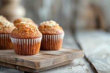 Homemade Carrot Cake Muffins With Copy Space, Set Against Blurry Backdrop - obrazy, fototapety, plakaty