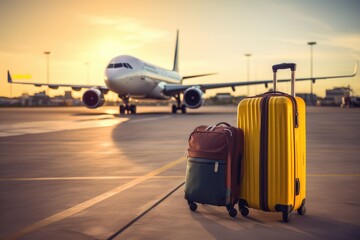 Two suitcases, one yellow and one brown, sit on a runway, ready for travel, Luggage at the airport with a commercial airplane in the background, AI Generated