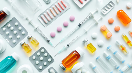Pharmaceutical essentials organized in a clear manner  medicines, syringes, and syrup