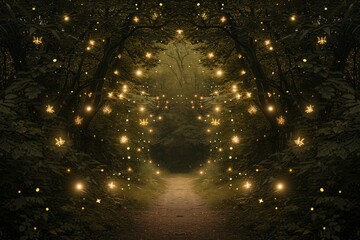Magical Woodland Glade Aglow With Fireflies And Whimsical Creatures In Celebration - obrazy, fototapety, plakaty