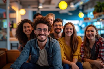 A diverse group of friends smiling and posing together in a cozy environment.
