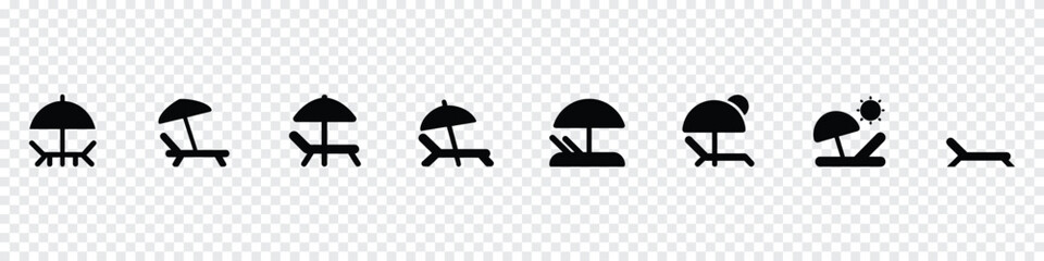 Beach umbrella icon, beach icon, Deck chairs and sun icons, Beach chair with umbrella different style icon set. Chair and beach umbrella icons,  resort icons, resort sign, summer resort icon - obrazy, fototapety, plakaty