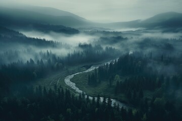 A breathtaking image of a river, surrounded by a dense fog, winding its way through a lush green forest., Misty dark forest aerial landscape view, AI Generated