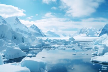 Vast ice formations and floating icebergs under the bright Antarctic sun, with a mirror-like sea.