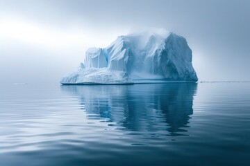 Pristine iceberg standing in the still Arctic waters, cloaked in a haze.
