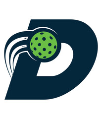 A beautiful flying pickleball logo vector over the letter D. You can use it as club logo, banner design etc.