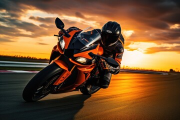 A person enjoys the thrill of riding a motorcycle on the open road., Motorcycle rider on a sport bike speeds along a race track at sunset, Extreme athlete in Sport Motorcycles Racing, AI Generated