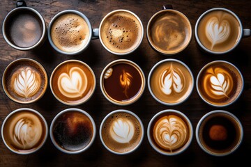 A table filled with a variety of coffee cups, inviting coffee enthusiasts to indulge in their favorite brew., Multiple cups of coffee with a variety of coffee drinks in an overhead view, AI Generated