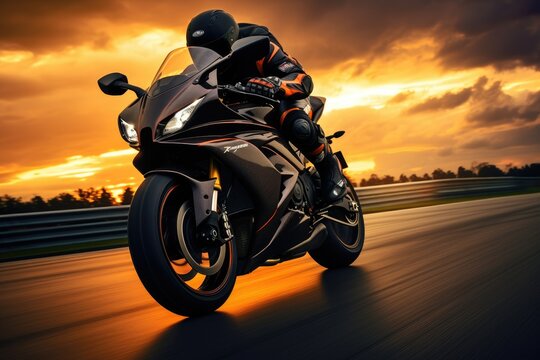 Person Riding Motorcycle on Road, Vehicle Traveling on a Street, Motorcycle rider on a sport bike speeds along a race track at sunset, Extreme athlete in Sport Motorcycles Racing, AI Generated