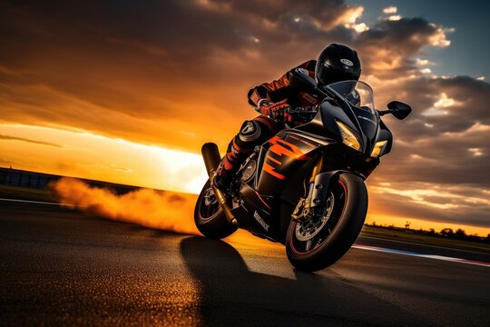 Person Riding Motorcycle on Road, Thrilling Journey Through, Motorcycle rider on a sport bike speeds along a race track at sunset, Extreme athlete in Sport Motorcycles Racing, AI Generated
