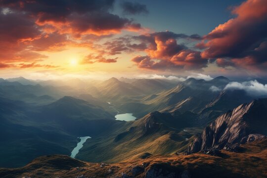 A breathtaking image of the sun casting its golden glow as it sets behind a towering range of mountains., Mountain top landscape view with clouds at sunset, AI Generated