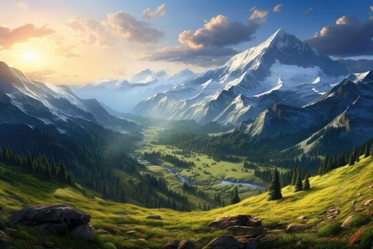 Mountain Range Painting With Sunset in Background, Mountain valley during sundown, showcasing a beautiful natural landscape in the summer, AI Generated