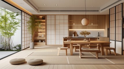 Modern Japanese minimalist interior design kitchen and living room ,sleek tatami mats meet plush rugs, light wood blends with earthy ceramics, and hidden shoji screens reveal a minimalist kitchen. - obrazy, fototapety, plakaty