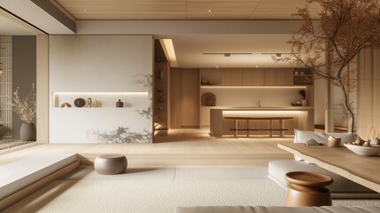 Modern Japanese minimalist interior design kitchen and living room ,sleek tatami mats meet plush rugs, light wood blends with earthy ceramics, and hidden shoji screens reveal a minimalist kitchen. - obrazy, fototapety, plakaty