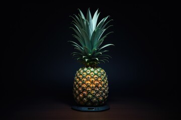A ripe pineapple sits atop a sturdy wooden table, adding a touch of tropical freshness and natural beauty to any setting., Pineapple hacking tool attacking Wi-Fi, AI Generated
