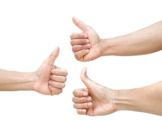 Three men's hands giving thumbs up on white background, business concept.