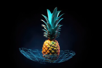 An image of a pineapple sitting on top of a slender blue wire against a plain white background., Pineapple hacking tool attacking Wi-Fi, AI Generated