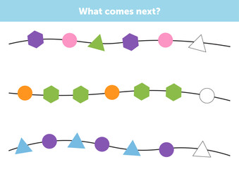 What comes next figures. Educational logical game for kids. Complete the sequence. Educational logical game for kids.