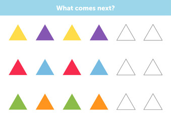 What comes next figures. Educational logical game for kids. Complete the sequence. Activity page for children.