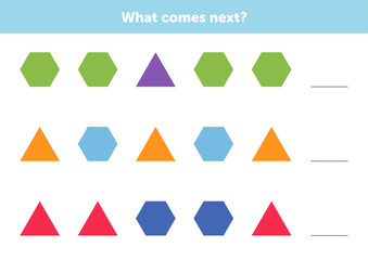 What comes next figures. Educational logical game for kids. Complete the sequence. Educational logical game for kids.