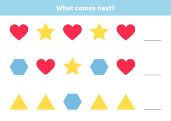 What comes next figures. Educational logical game for kids. Complete the sequence. Educational logical game for kids.