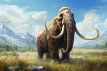 A powerful mammoth stands gracefully in a wide, open field, framed by majestic mountains, Prehistoric mammoth, an ancient giant creature, AI Generated