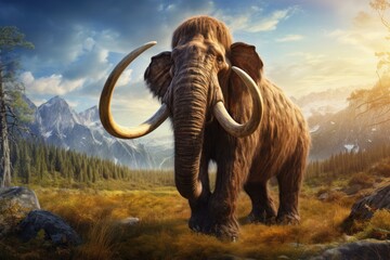 Obraz premium A mammoth slowly walks through a dense forest, surrounded by towering trees, Prehistoric mammoth, an ancient giant creature, AI Generated