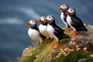 Naklejka premium A group of birds perched on top of a rocky cliff, observing the vast expanse of the horizon, Puffins, identified as Fratercula arctica, gather in a group on a cliff, AI Generated