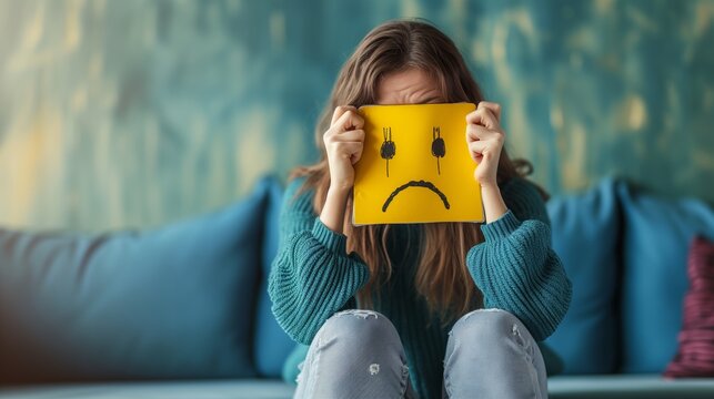 Woman hiding her face using white paper with sad sign on