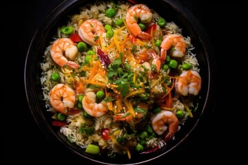 Bowl of Rice With Shrimp and Peas, A Delicious and Nutritious Seafood Dish, Rice with vegetables and shrimps on a black background is showcased in a top view, AI Generated