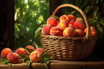 A bountiful basket overflowing with delicious, sun-ripened peaches, ready to be enjoyed, Ripe, juicy organic peaches in a wicker basket, AI Generated