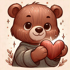 Adorable brown bear character in a cozy sweater, clutching a shiny red heart, surrounded by sparkling accents, evoking feelings of warmth and affection. Generative AI.